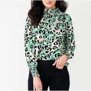 Nine West Leopard Print Mock Neck Blouse Green Elastic Frills Shirred Top Size L